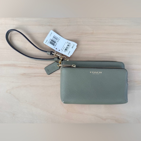 NWT COACH Double Zip Wristlet in Olive Grey Saffiano Leather